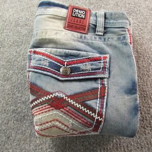 Demolition Jeans Mens 38 Light Wash Blue Straight Leg Embroidered Pockets‎ Denim